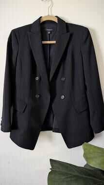 ANN TAYLOR Womens Blazer Size 0 Black Long Sleeve Double Breasted Chic Career